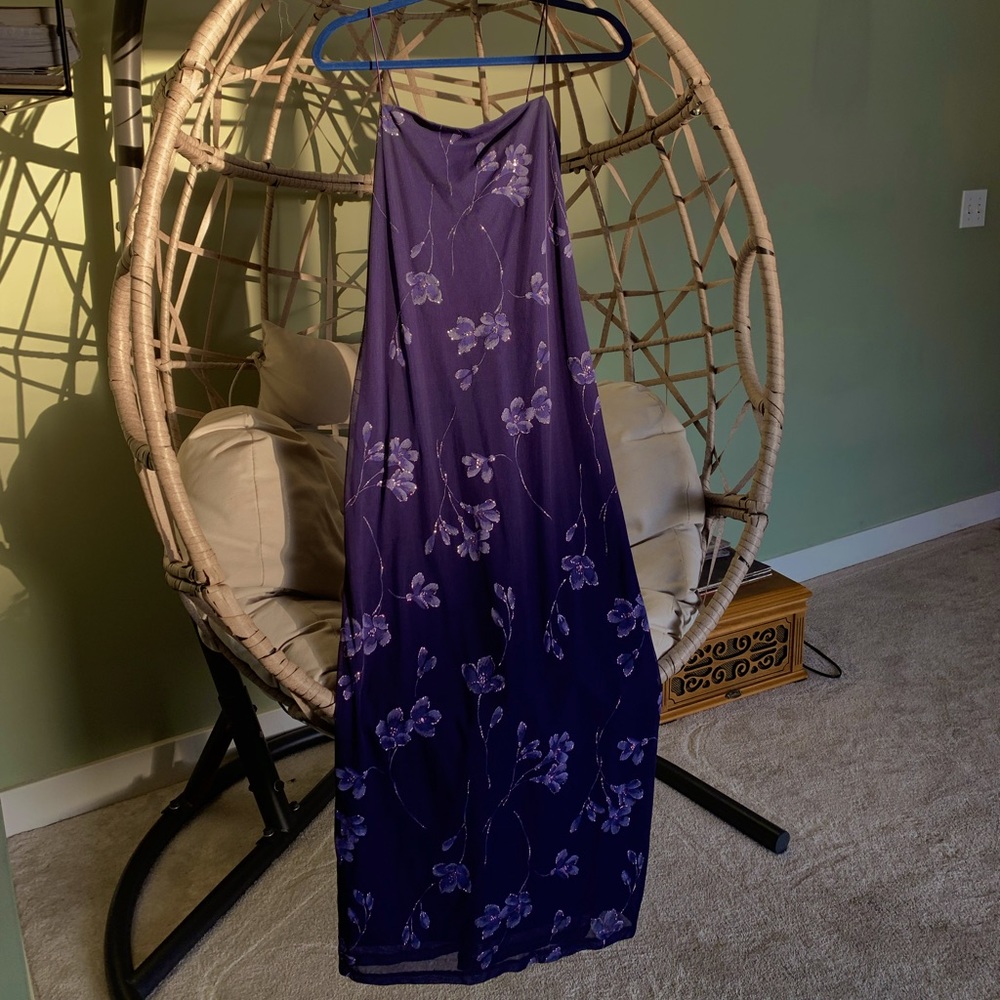 Vintage Purple Floral Dress dark Purple sparkly gown floral print maxi dress